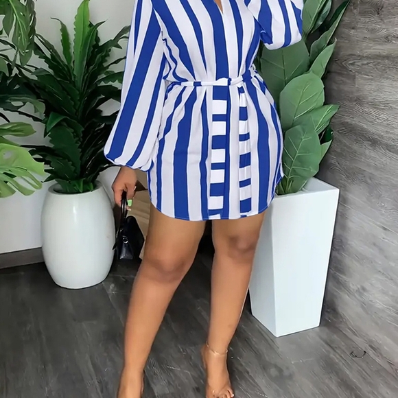 Dresses & Skirts - Blue and White Wrap Dress with Bishop Sleeves